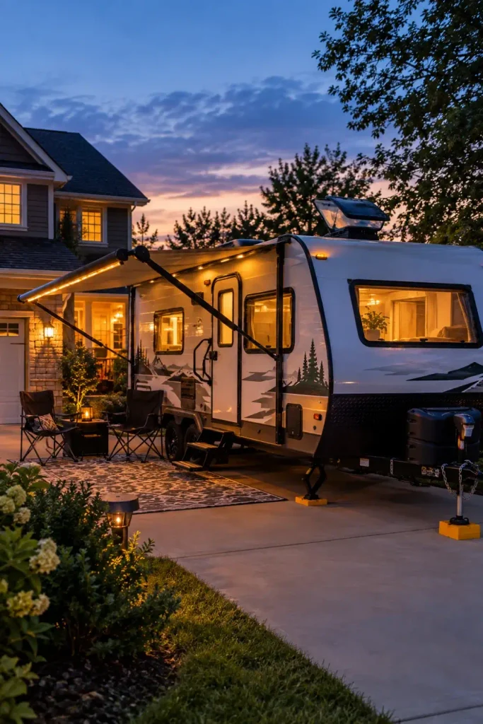 Travel trailer parked in a residential driveway with warm interior lights glowing during an overnight shakedown test.