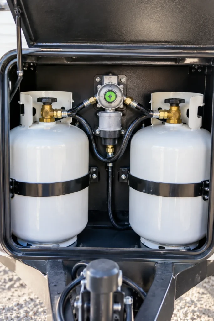 Dual propane tanks on an RV tongue equipped with an auto-changeover two stage regulator.