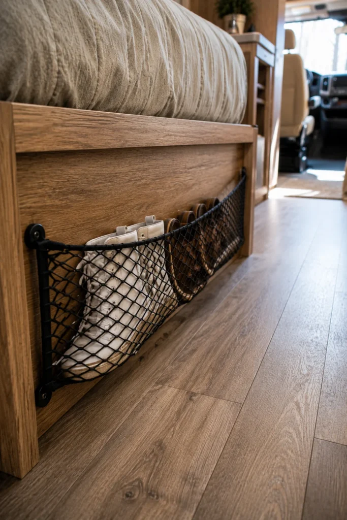 An elastic mesh cargo net mounted along an RV bed frame base holding sneakers and sandals.