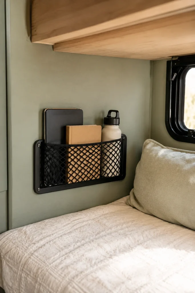 Black stretch mesh storage pocket screwed flush to an RV bunk wall holding a tablet and water bottle.