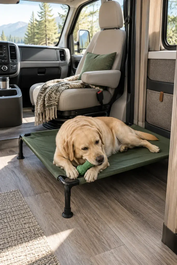 Elevated canvas dog cot positioned in front of a swiveled passenger seat inside a motorhome.
