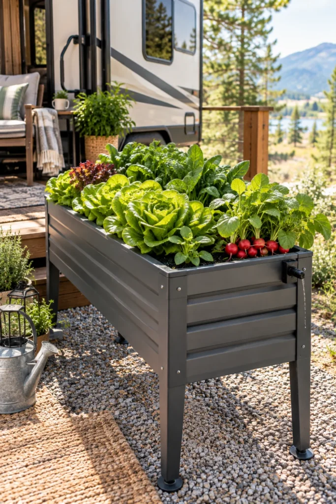 Standing elevated metal planter box filled with salad greens on a permanent RV campsite.
