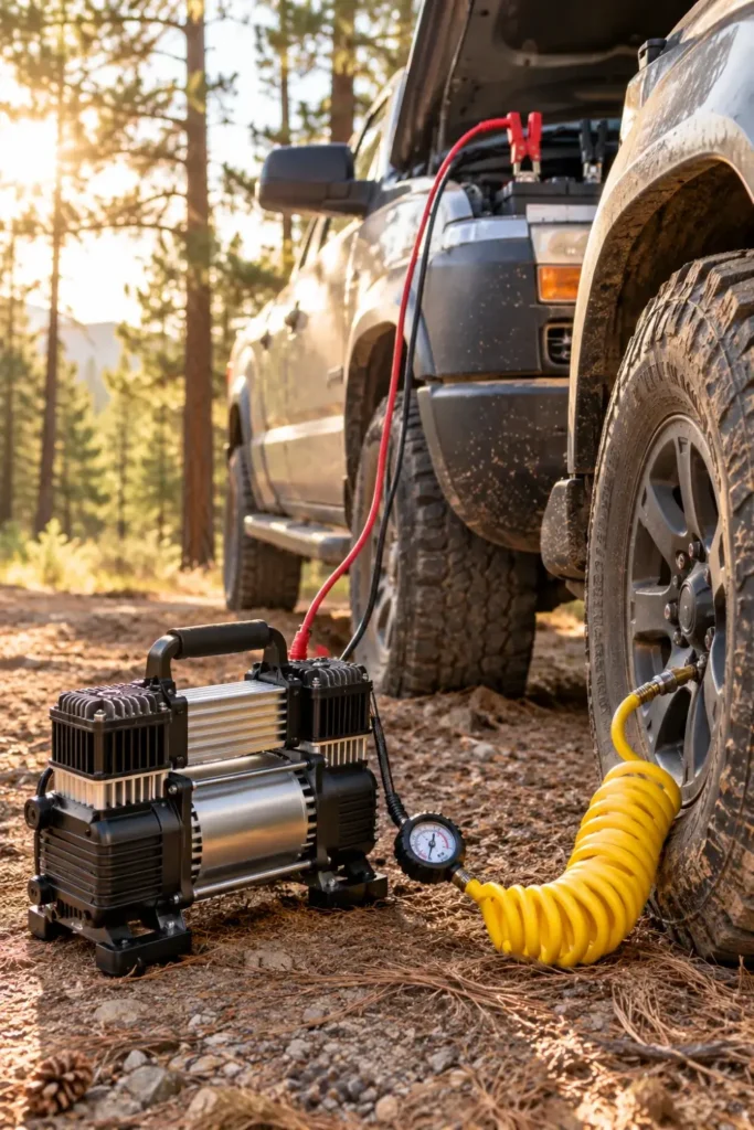 Portable 12V air compressor on the ground connected to a truck tire valve and vehicle battery.