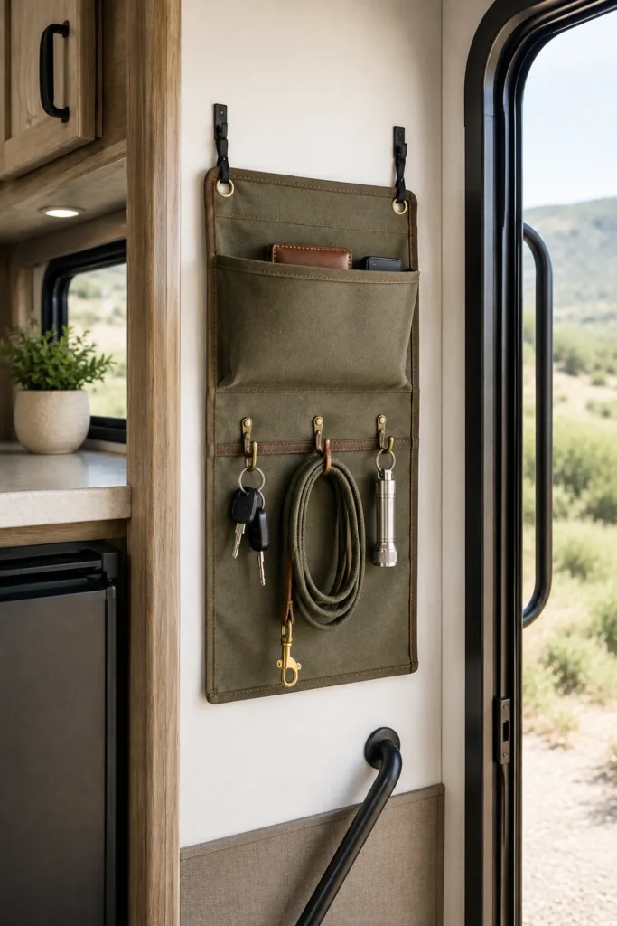 Multi-pocket canvas organizer hung beside an RV camper entrance for keys, flashlights, and dog gear.