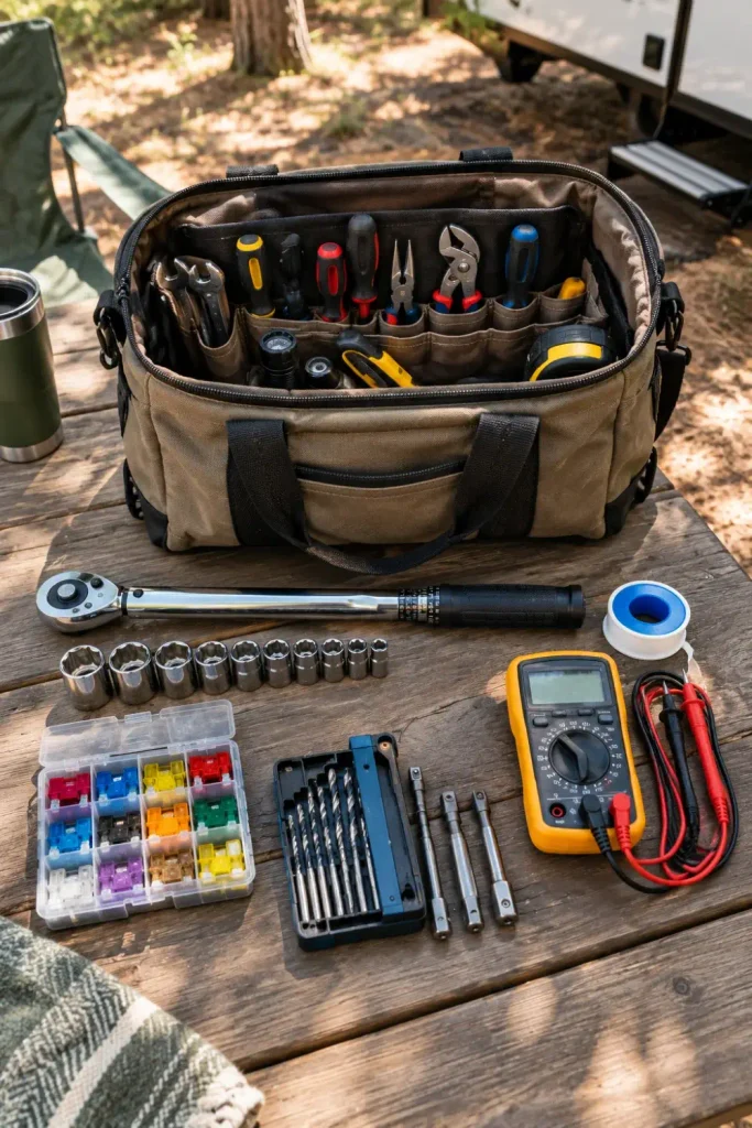 Flat-lay of essential RV tools including a torque wrench, multimeter, Teflon tape, and fuses on a picnic table.