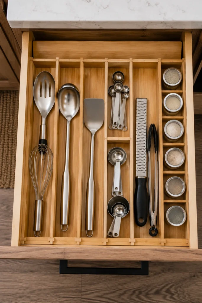 Wooden expandable drawer dividers organizing utensils and small cans in a camper kitchen drawer.