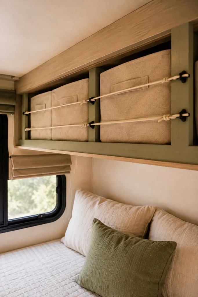 Open overhead RV bunk storage cabinet fitted with beige collapsible fabric clothes bins and stretch cords.