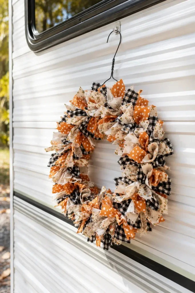 Handmade fabric scrap rag wreath in orange and black gingham hanging on camper siding.