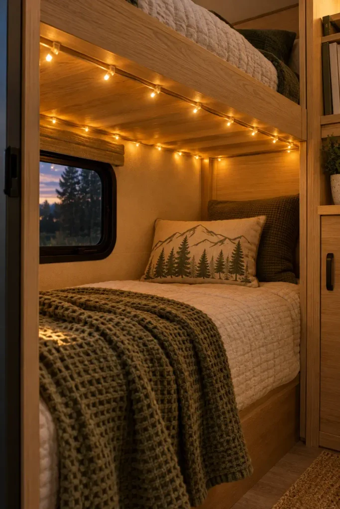 Warm string fairy lights mounted along the wooden underside of a top RV bunk bed frame.
