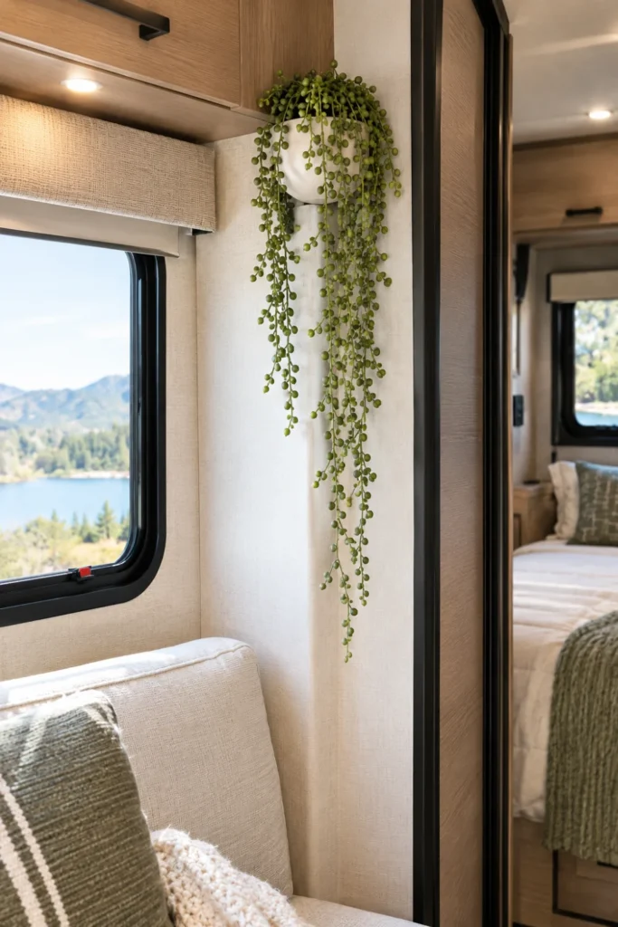 Faux trailing greenery hanging in a wall planter to soften an RV slide-out corner.