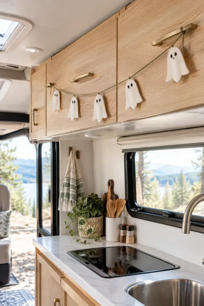 Minimalist wool felt ghost garland tied with olive twine across overhead wood cabinet handles in a small camper.