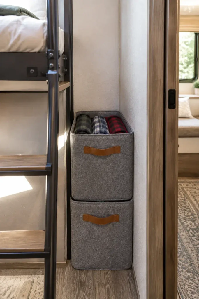 Heather grey felt storage cubes fitted into the narrow space behind an RV bunk ladder.
