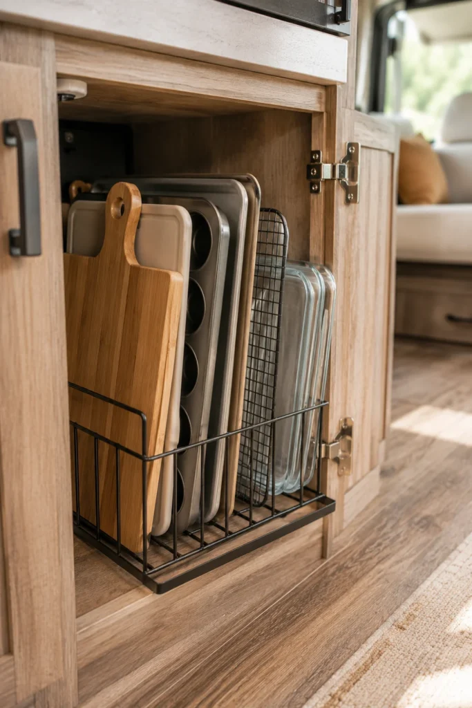 Metal wire file rack holding baking sheets and cutting boards vertically in an RV cabinet.