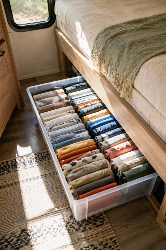 A shallow under-bed storage bin in an RV filled with t-shirts rolled vertically in organized file-style rows.