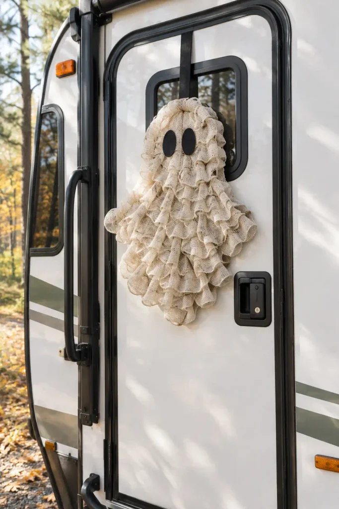 Flat-back burlap ghost wreath with black felt eyes hanging flush on a white camper exterior door.