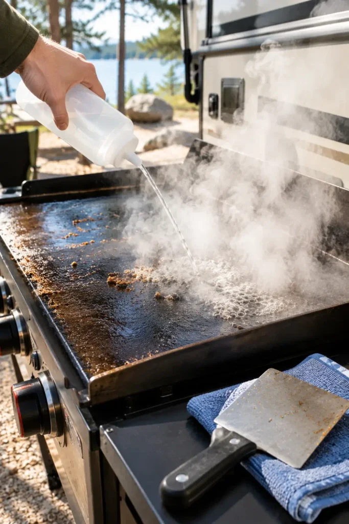 Squirting water onto a warm flat-top griddle with a scraper ready for quick campsite cleanup.