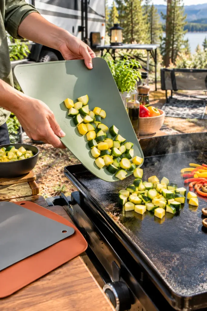 Thin flexible cutting mat curved by hand to funnel freshly chopped vegetables onto an RV griddle.