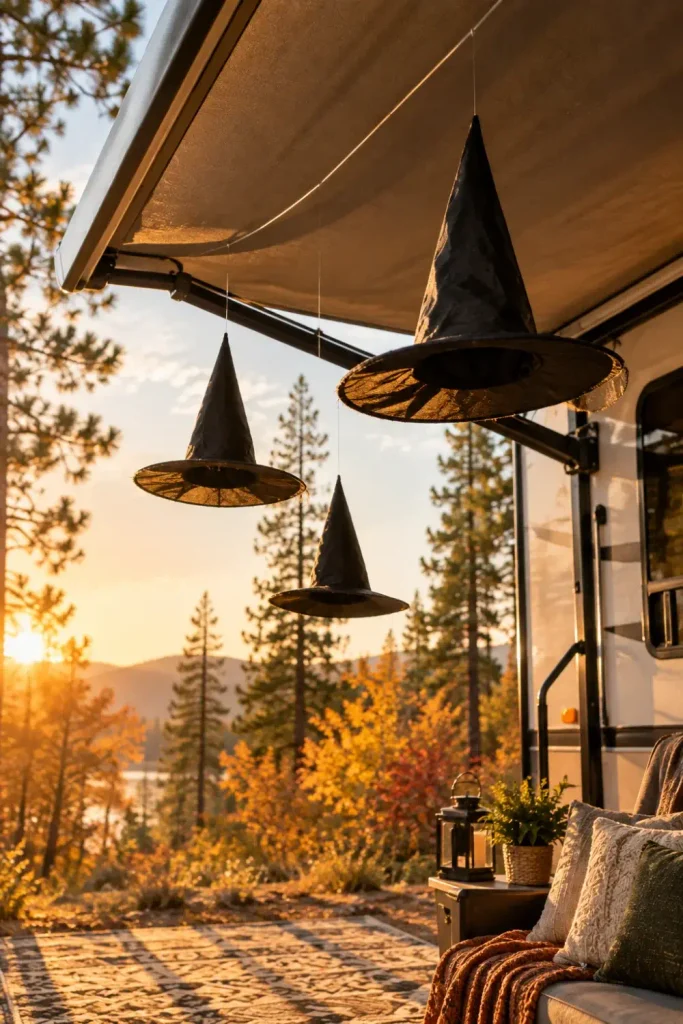 Black pointy witch hats suspended with clear line beneath an extended RV patio awning at golden hour.

