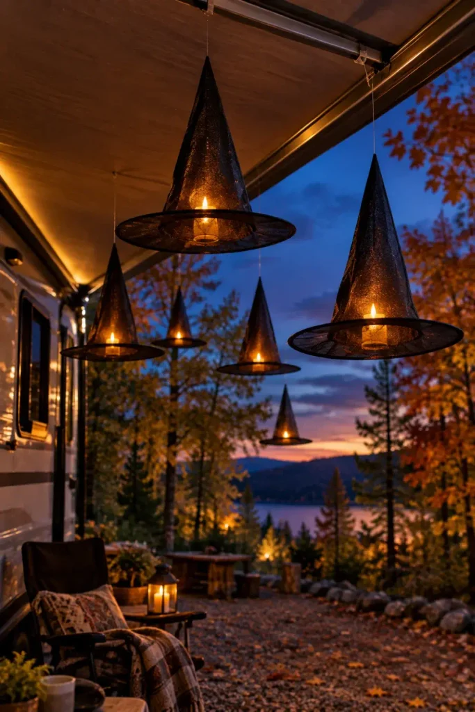 Glowing black witch hats suspended at varied heights underneath a camper awning on transparent line.