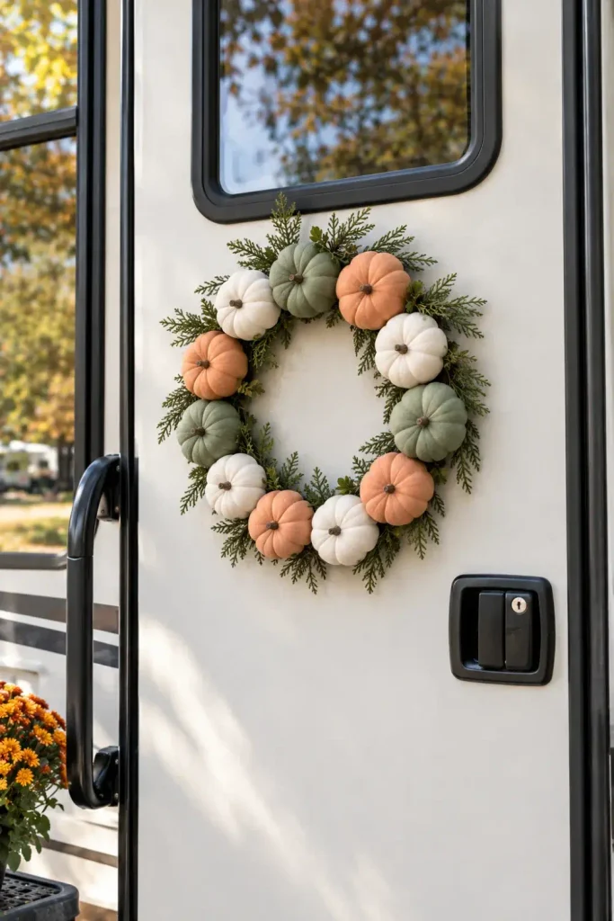 Flat-back wreath made of sliced foam craft pumpkins in sage and cream on an RV door.