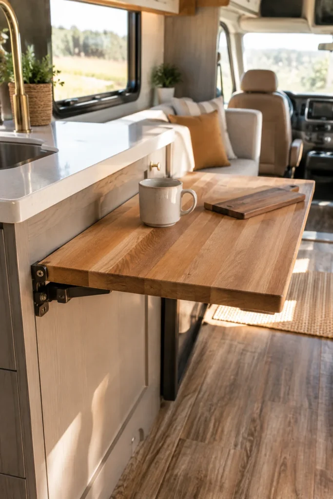 Fold-down wooden butcher block counter extension mounted on the side of a camper kitchen island.