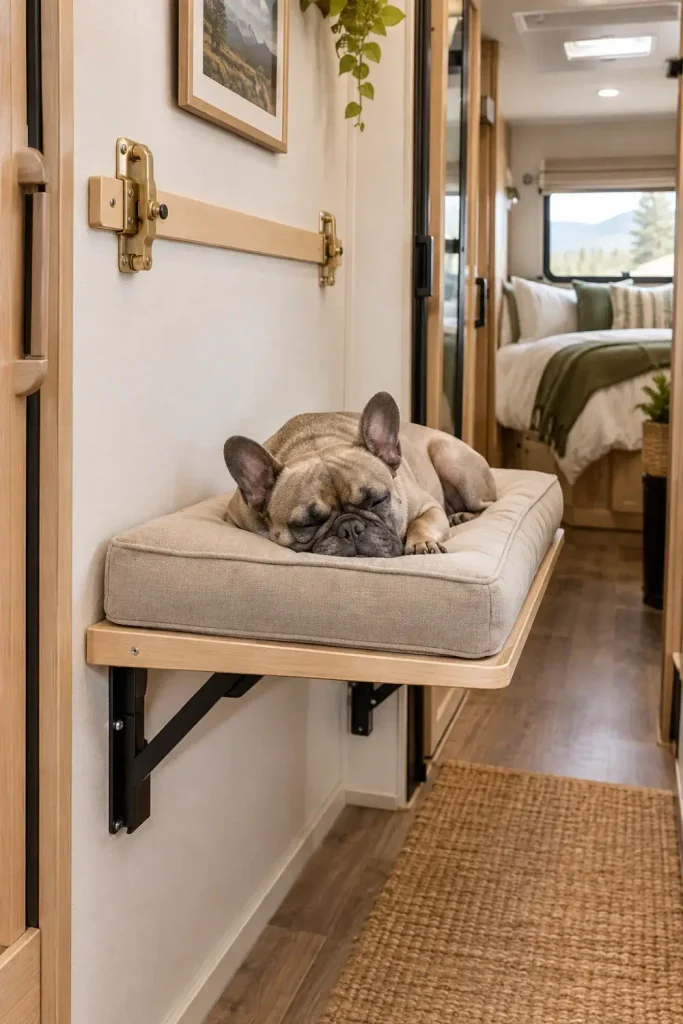 Space-saving fold-down Murphy dog bed mounted to an RV camper hallway wall with a sleeping pet.
