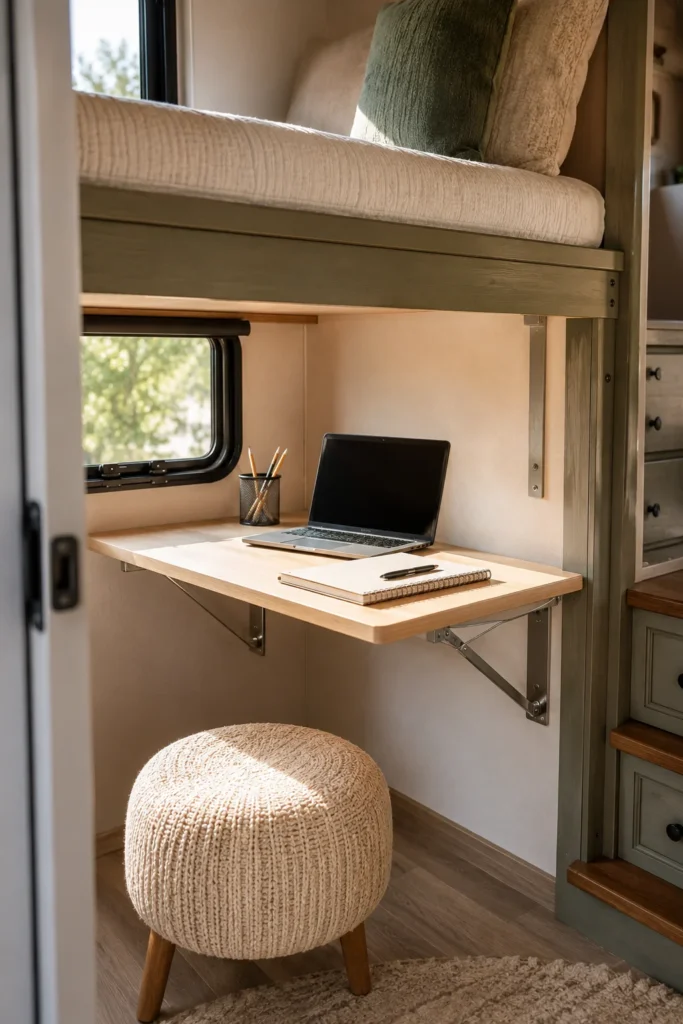 Wall-mounted wooden fold-down desk with folding brackets installed inside a camper bunk room.