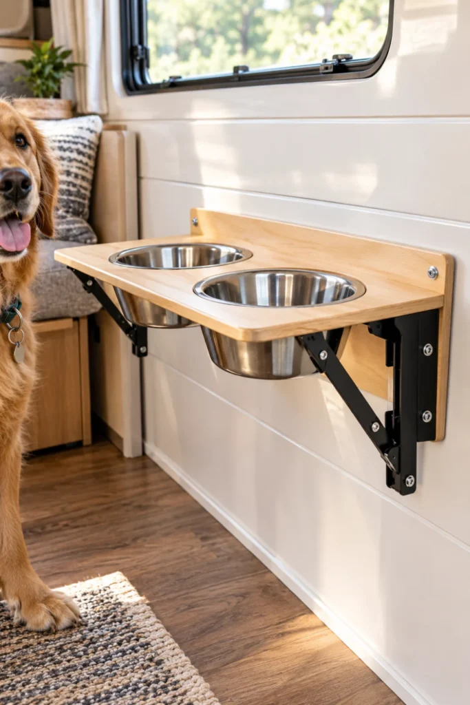 Fold-down wall-mounted wooden dog feeding shelf with bowl cutouts inside a travel trailer.