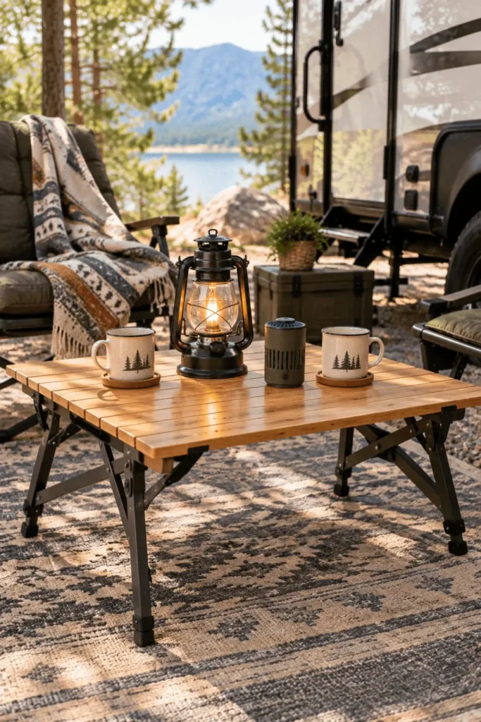 Low folding bamboo coffee table with drinks and a lantern on an RV patio mat.
