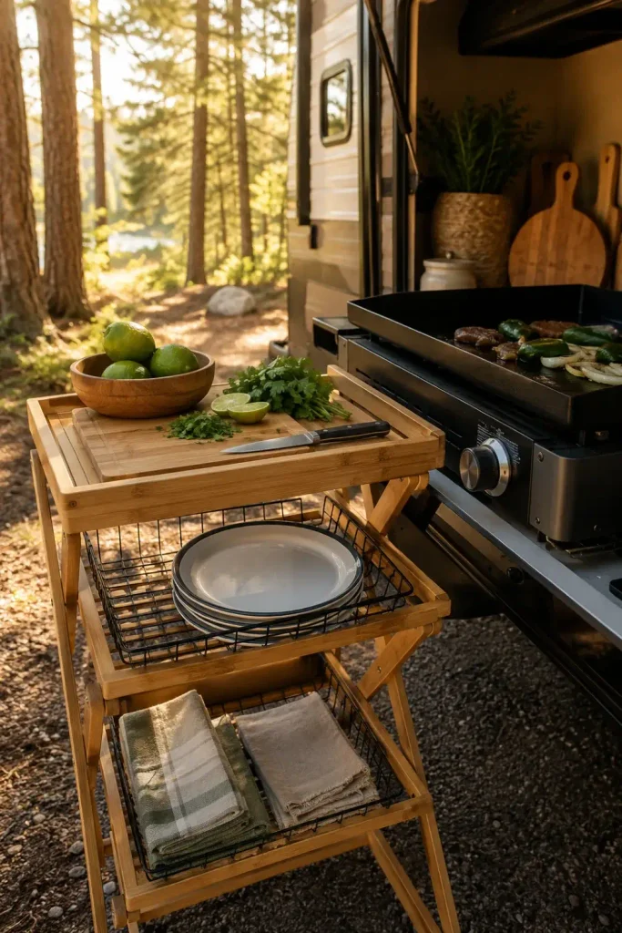 Collapsible bamboo utility cart providing extra countertop space next to an RV outdoor grill.