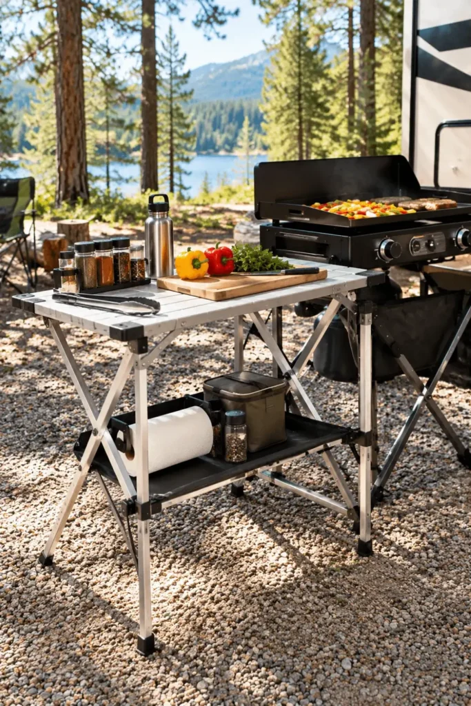 Slim folding aluminum cooking prep table set up beside an RV outdoor grill.