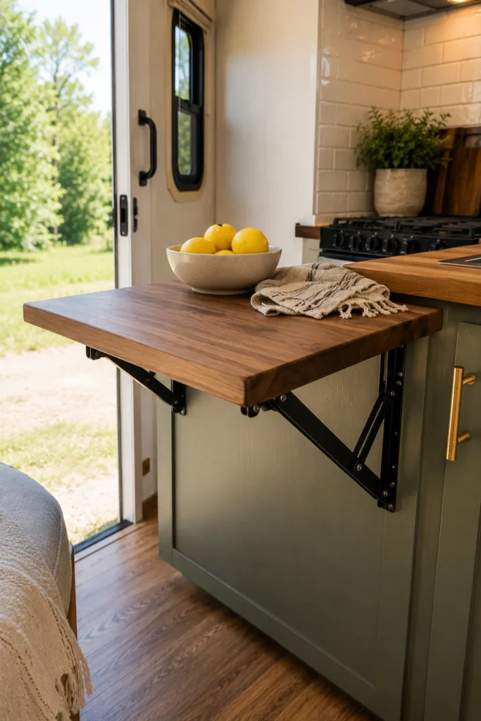 Drop-leaf acacia wood countertop extension extended on heavy-duty folding brackets at the end of an RV cabinet run.
