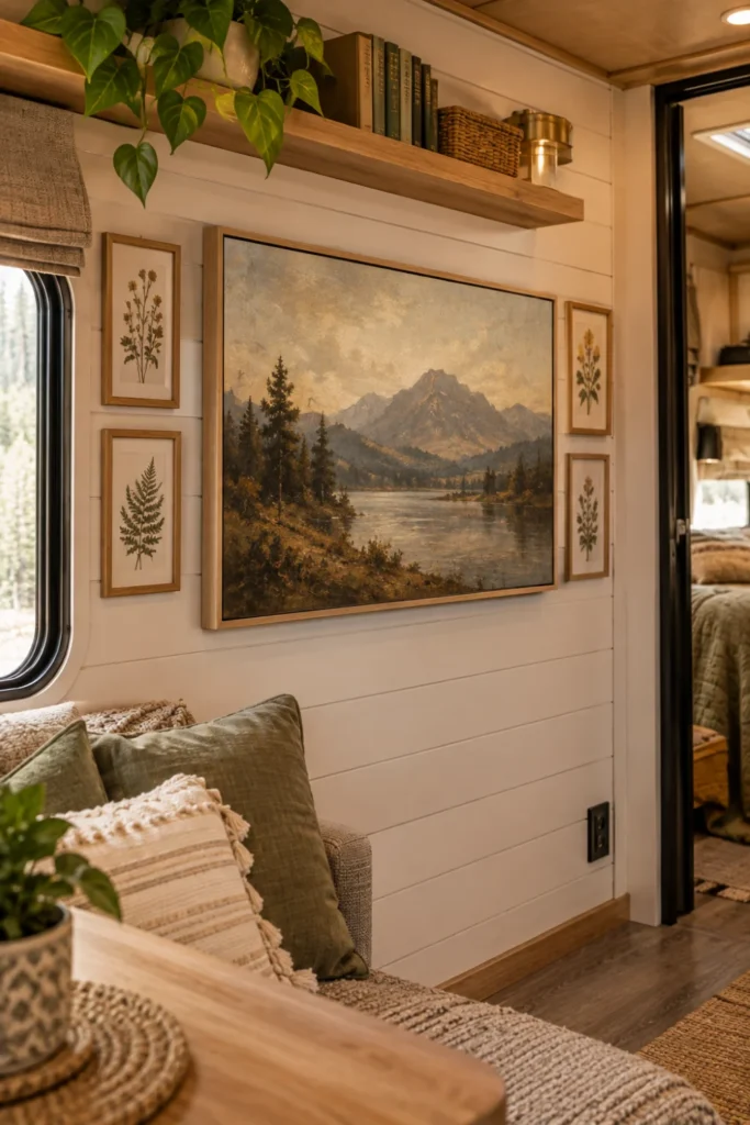 Ultra-thin frame TV displaying a vintage landscape painting on an RV living room wall.