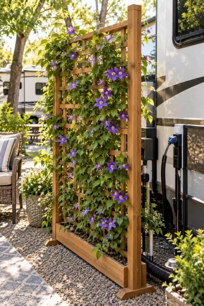 Freestanding wood lattice privacy trellis with climbing flowering vines on a permanent RV site.
