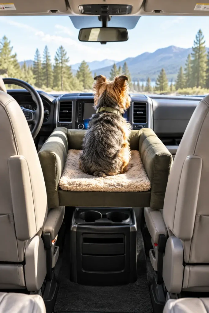 Elevated bolster dog perch fitted securely between the front cab seats in a camper van.
