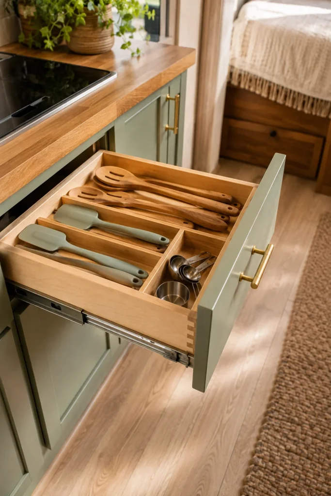 Open camper kitchen drawer showing full-extension soft-close metal slides and an organized bamboo utensil tray.