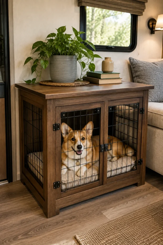 Freestanding wooden furniture end table with built-in dog crate placed against an RV living room wall.