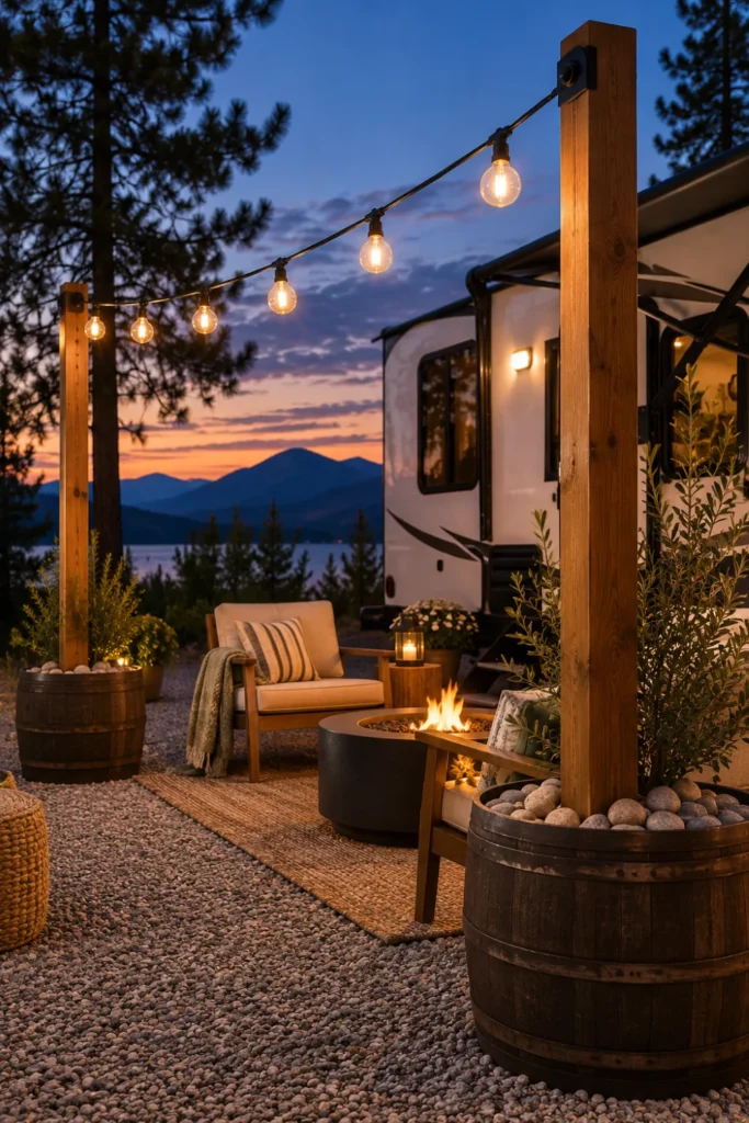 Warm outdoor bistro string lights strung between cedar posts in whiskey barrels on an RV campsite.

