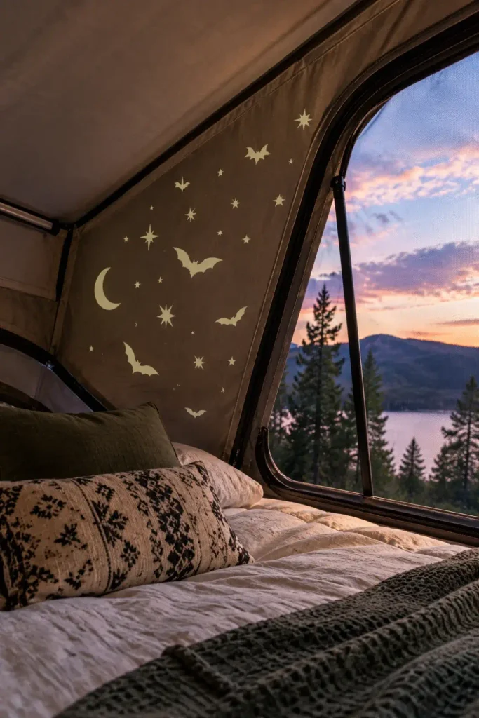 Subtle bat decals positioned cleanly along the interior canvas wall of an open camper van pop-top roof.