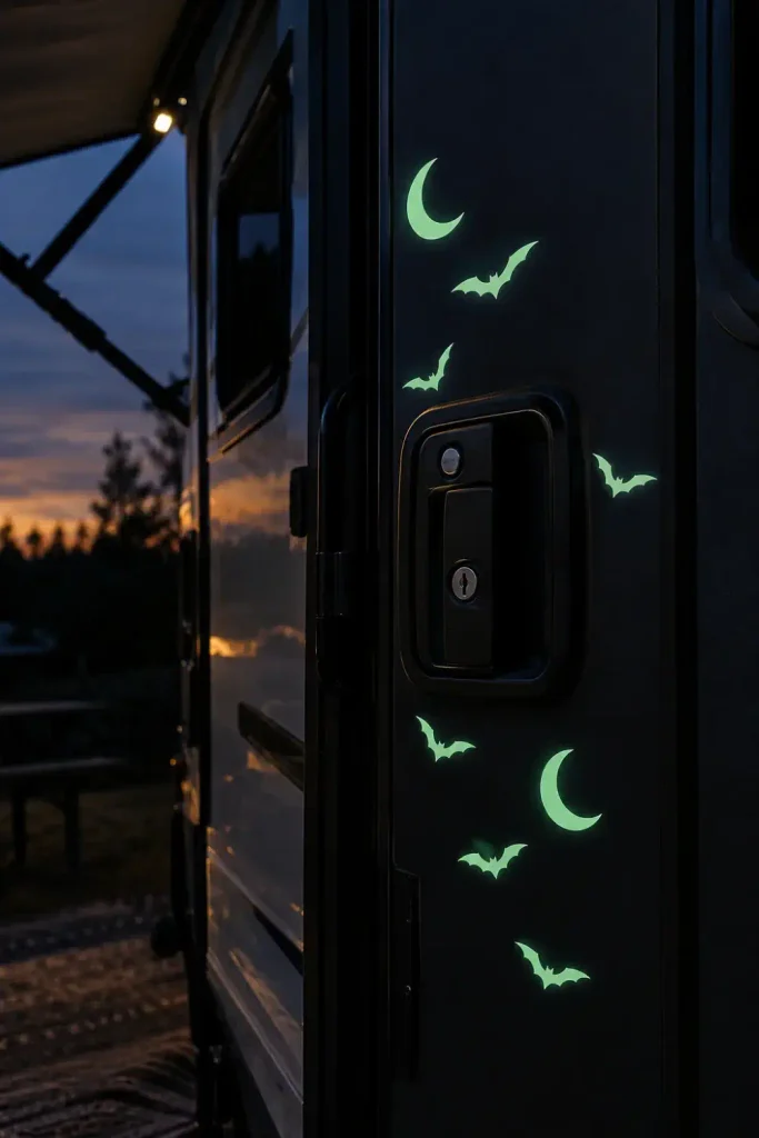 Glow-in-the-dark bat and moon vinyl decals glowing softly green around an RV door handle at night