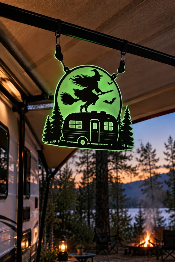 Glow-in-the-dark Halloween silhouette sign suspended from the center tension rafter of an RV awning.