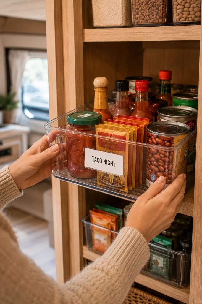 Person pulling a clear plastic bin labeled Taco Night out of an organized RV pantry cabinet.