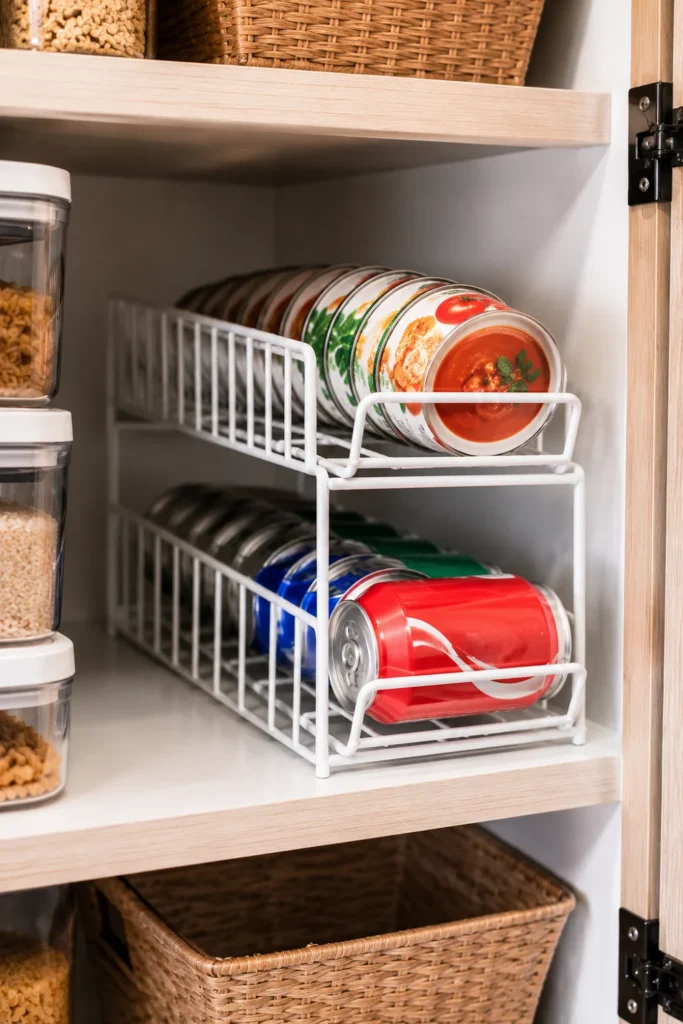 Two-tier white wire gravity-fed can dispenser rack with a front retaining lip inside a camper pantry.
