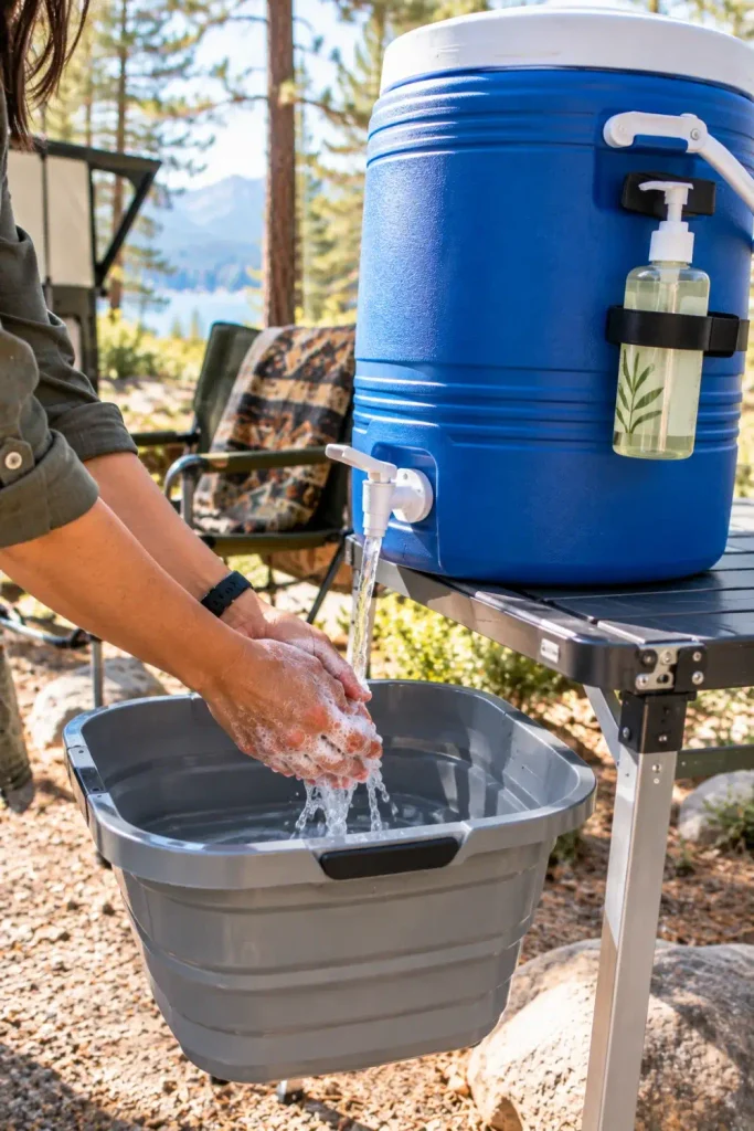 5-gallon beverage cooler with lever spigot set up as an outdoor hand-washing station at an RV site.