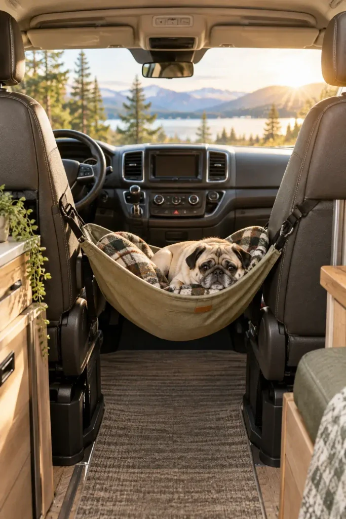 Suspended canvas sling dog hammock attached across the front cockpit seat bases in a camper van.
