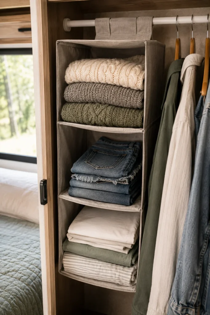 A 3-tier fabric hanging sweater shelf inside a short camper closet holding folded knits and linens.
