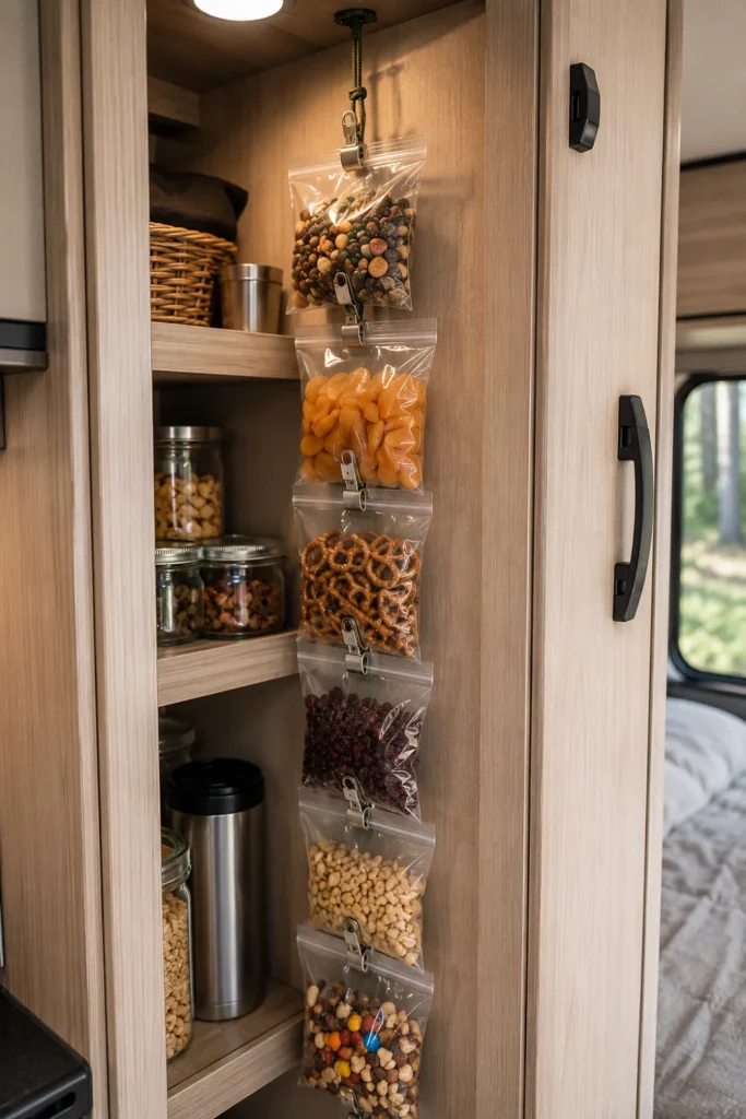 Vertical hanging cord with metal clips holding snack bags neatly inside a narrow RV camper pantry.