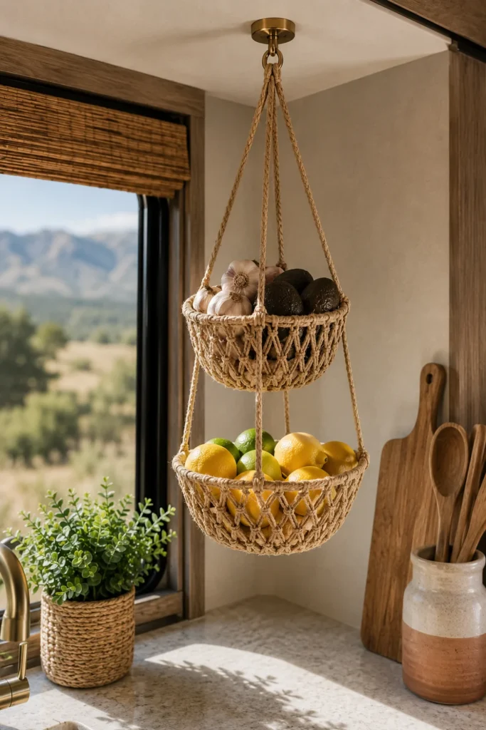 Two-tier woven macramé hanging fruit basket filled with lemons and avocados in an RV kitchen corner.