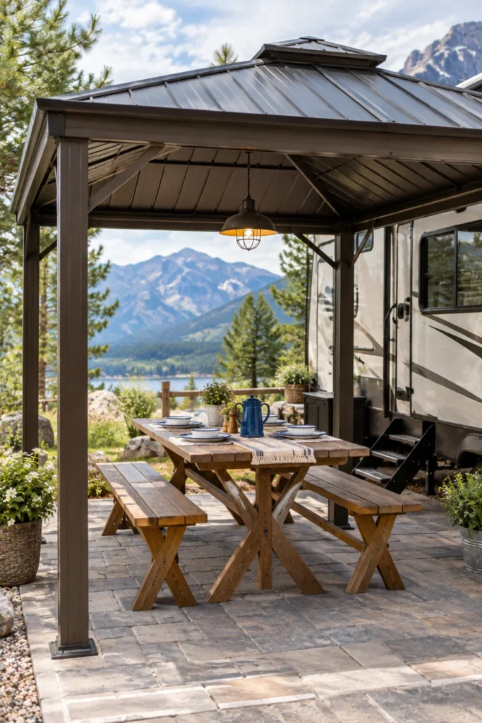Freestanding bronze hardtop metal gazebo covering a picnic table on an RV lot.
