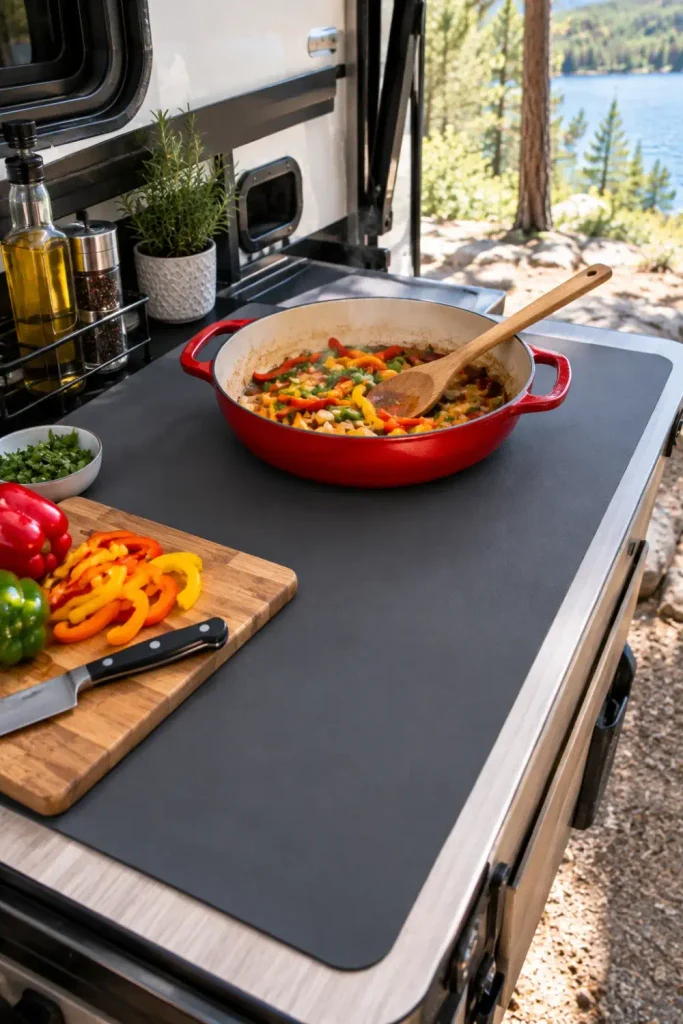 Large protective silicone mat covering an RV outdoor kitchen counter with hot pans and prep ingredients.
